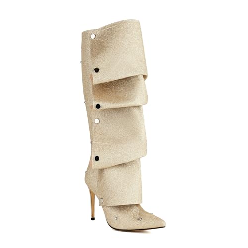 LIUHD Geraffte Umschlagstiefel für Damen,Kniehohe Stiefel mit Stilettoabsatz Spitzer Zehenpartie Paillettenbesatz Abnehmbarer Knopf Lässiger Stiefel,Gold Single,33 von LIUHD