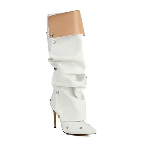 LIUHD Geraffte Umschlagstiefel für Damen,Kniehohe Stiefel mit Stilettoabsatz Spitzer Zehenpartie Paillettenbesatz Abnehmbarer Knopf Lässiger Stiefel,White Velvet,37 von LIUHD