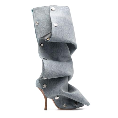 LIUHD Kniehohe Jeansstiefel für Damen, Spitze Stilettostiefel, Abnehmbare Lange Stiefel, Gerüscht, Lässig, Hoch, mit Nieten,Blue,34 von LIUHD