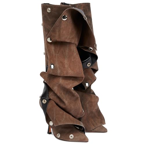 LIUHD Kniehohe Jeansstiefel für Damen, Spitze Stilettostiefel, Abnehmbare Lange Stiefel, Gerüscht, Lässig, Hoch, mit Nieten,Brown,42 von LIUHD