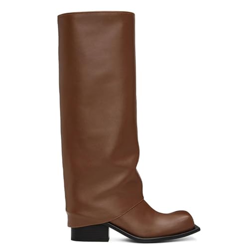 LIUHD Kniehohe Stiefel Zum Umklappen für Damen Runde Zehenpartie, Breite Wade, Klobige Stiefel mit Hohem Absatz für Herbst- und Winterstiefel,Brown,41 von LIUHD