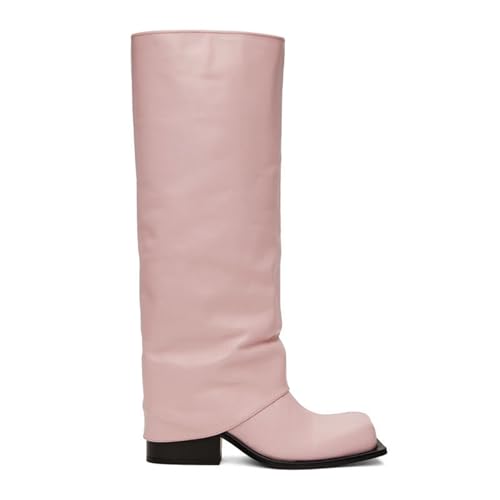 LIUHD Kniehohe Stiefel Zum Umklappen für Damen Runde Zehenpartie, Breite Wade, Klobige Stiefel mit Hohem Absatz für Herbst- und Winterstiefel,Pink,42 von LIUHD