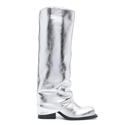 LIUHD Kniehohe Stiefel Zum Umklappen für Damen Runde Zehenpartie, Breite Wade, Klobige Stiefel mit Hohem Absatz für Herbst- und Winterstiefel,Silver,36 von LIUHD