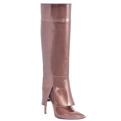 LIUHD Kniehohe Stiefel Zum Umschlagen für Damen, Gerade, Weite Waden, Hohe Stiefel Zum Reinschlüpfen Spitze Zehenpartie Stilettoabsatz,Brown,37 von LIUHD