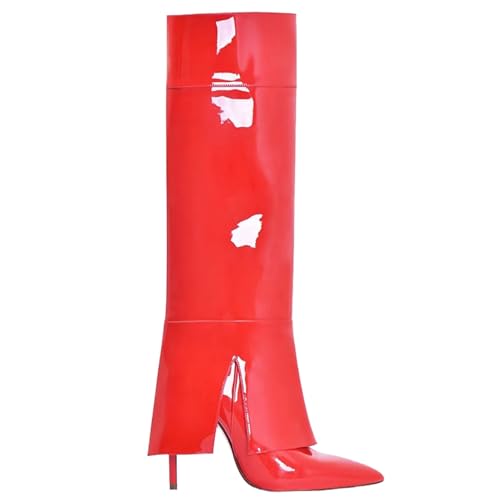 LIUHD Kniehohe Stiefel Zum Umschlagen für Damen, Gerade, Weite Waden, Hohe Stiefel Zum Reinschlüpfen Spitze Zehenpartie Stilettoabsatz,Red,34 von LIUHD