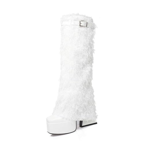 LIUHD Kniehohe Stiefel Zum Umschlagen für Damen, Klobiger Blockabsatz, Quadratische Zehenpartie, Lässige Stiefel für Wärme und Komfort,White,39 von LIUHD