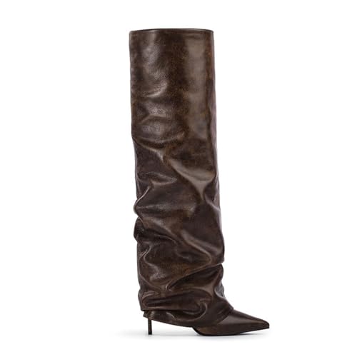 LIUHD Kniehohe Stiefel für Damen, Breite Wade Spitze Zehenpartie Stilettoabsatz Umschlagstiefel Gerade Hohe Stiefel Schlabberstiefel,Brown,41 von LIUHD