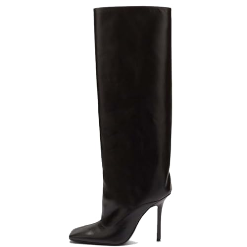 LIUHD Kniehohe Stiefel für Damen, Lange Stiefel mit Quadratischer Zehenpartie und Stilettoabsatz, Breite Wade, Zum Reinschlüpfen, Hohe Stiefel für Herbst- und Winterstiefel,Black,35 von LIUHD