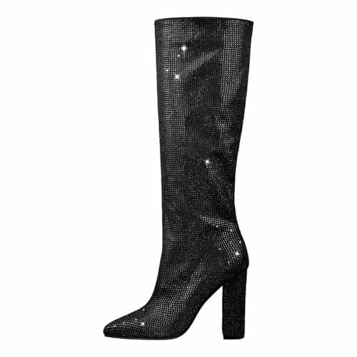 LIUHD Kniehohe Stiefel für Damen, Weitschaftstiefel in Übergröße, Strass-Schuhe, Spitze Zehenpartie, Klobiger High Heel Lange Stiefel,Black,35 von LIUHD