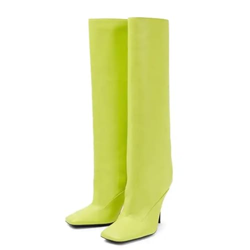 LIUHD Kniehohe Stiefel für Damen,Quadratische Zehenpartie Stilettoabsatz Lange Stiefel Zum Umklappen Gerade Hohe Stiefel Zum Hineinschlüpfen Schlupfstiefel,Green,36 von LIUHD