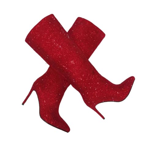 LIUHD Kniehohe Stiefel für Damen,Spitze Zehenpartie Stilettoabsatz Strasssteine Partyschuhe Zum Reinschlüpfen Party-Konzertstiefel,Red,37 von LIUHD