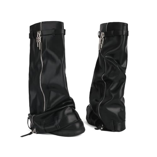 LIUHD Kniehohe Stiefel für Damen,Stiefel Zum Umklappen Runde Zehenpartie, Klobige Herbst-/Winterstiefel mit Seitlichem Reißverschluss und Vorhängeschloss,Black,35 von LIUHD