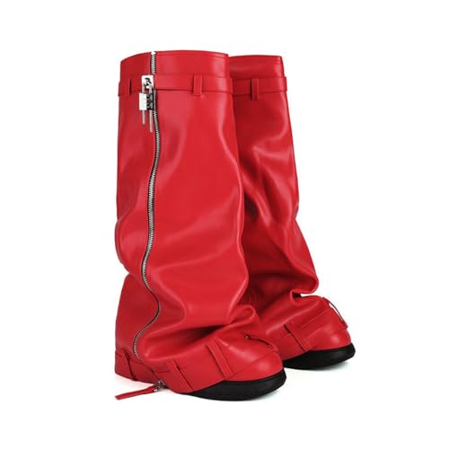 LIUHD Kniehohe Stiefel für Damen,Stiefel Zum Umklappen Runde Zehenpartie, Klobige Herbst-/Winterstiefel mit Seitlichem Reißverschluss und Vorhängeschloss,Red,44 von LIUHD