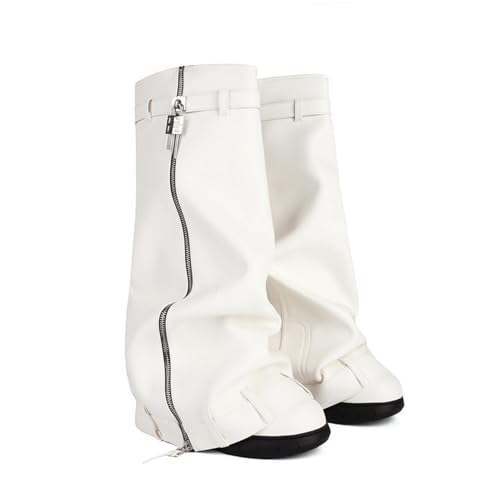 LIUHD Kniehohe Stiefel für Damen,Stiefel Zum Umklappen Runde Zehenpartie, Klobige Herbst-/Winterstiefel mit Seitlichem Reißverschluss und Vorhängeschloss,White,45 von LIUHD