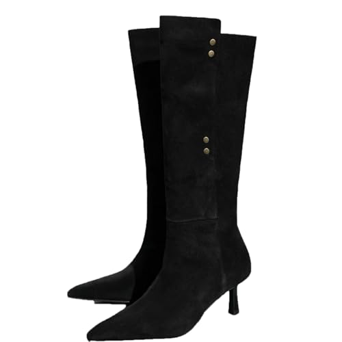 LIUHD Kniehohe Stiefel für Damen,Stiefel Zum Umklappen Spitze Zehenpartie, Stilettoabsatz Lässige Stiefel für Damen Lässig Modisch Elegant,Black,41 von LIUHD