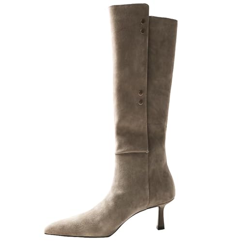 LIUHD Kniehohe Stiefel für Damen,Stiefel Zum Umklappen Spitze Zehenpartie, Stilettoabsatz Lässige Stiefel für Damen Lässig Modisch Elegant,beige,34 von LIUHD