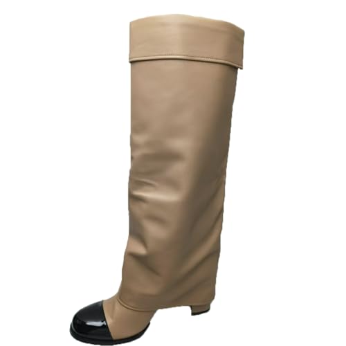 LIUHD Kniehohe Stiefel für Damen Breite Wadenstiefel, Lässige Stiefel mit Runder Zehenpartie und Gummisohle für Partys,Apricot,34 von LIUHD