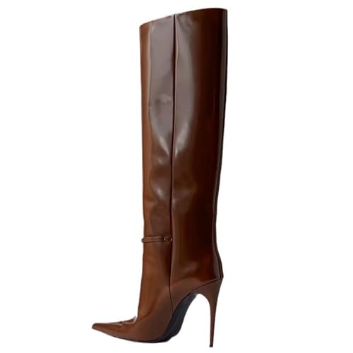 LIUHD Kniehohe Stiefel für Damen Gerade Hohe Stiefel, Lässige Stiefel Spitze Zehenpartie Stilettoabsatz Freizeitstiefel,Brown,39 von LIUHD