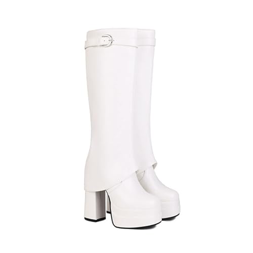 LIUHD Kniehohe Stiefel für Damen Hohe Stiefel mit Quadratischer Zehenpartie und Klobigem High Heel, Umklappbare Herbst-/Winterstiefel mit Vorhängeschloss,White,35 von LIUHD