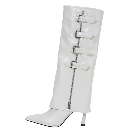 LIUHD Kniehohe Stiefel für Damen Spitze Zehenpartie, Stilettoabsatz, Hohe Stiefel, Zum Umschlagen, Zum Hineinschlüpfen, Herbst-/Winterstiefel,White,38 von LIUHD