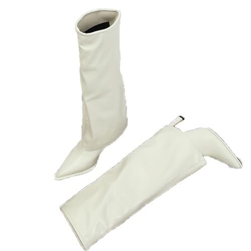 LIUHD Kniehohe Stiefel für Damen Umschlagstiefel Spitze Zehenpartie Stilettoabsatz Hohe Stiefel Warme Winterschuhe Zum Gehen und Büro,White,36 von LIUHD