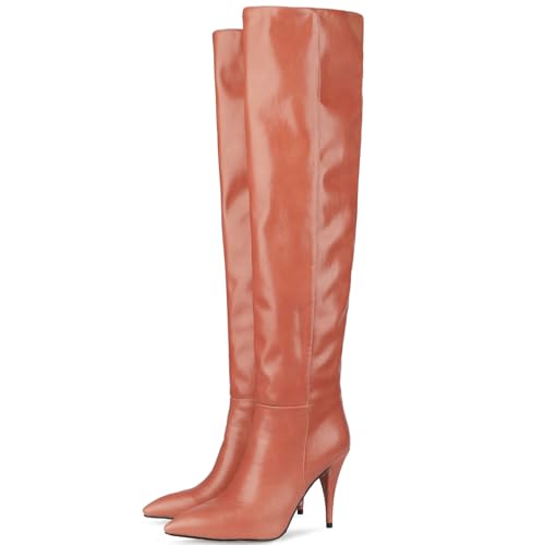 LIUHD Kniehohe Stiefel für Damen Weitem Schaft Boots Schuhe Lässige, Hohe, Oberschenkelhohe Stiefel, Spitze Zehenpartie, Stilettoabsatz, Hohe, Lässige Stiefel,Pink,46 von LIUHD