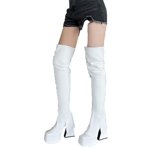 LIUHD Kniehohe Stiefel für Damen Zum Umschlagen, Stiefel mit Weitem Schaft, Klobigem High Heel und Seitlichem Reißverschluss, Lange Stiefel,White,39 von LIUHD