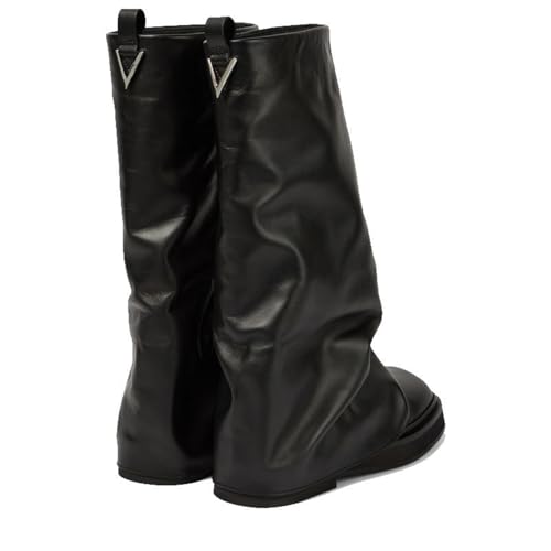 LIUHD Kniehohe Stiefel für Damen mit Umschlag, Runde Zehenpartie, Breiter Schaft, Klobiger Niedriger Absatz, Lässige Stiefel mit Lockerem Schnitt,Black,35 von LIUHD