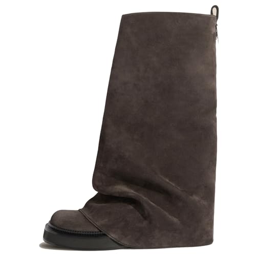 LIUHD Kniehohe Stiefel für Damen mit Umschlag, Runde Zehenpartie, Breiter Schaft, Klobiger Niedriger Absatz, Lässige Stiefel mit Lockerem Schnitt,Brown,36 von LIUHD