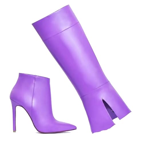 LIUHD Kniehohe Stiefel für Damen mit Umschlag Spitzer Zehenpartie Stilettoabsatz Lange Stiefel Hohe Stiefel Breite Wade Zum Hineinschlüpfen,Purple,38 von LIUHD