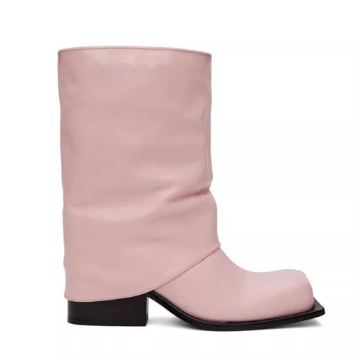 LIUHD Kurze Stiefel Zum Umschlagen für Damen,Reitstiefel mit Breiter Wade, Dickem Absatz und Runder Zehenpartie Lässige Warme Wanderschuhe,Pink,37 von LIUHD