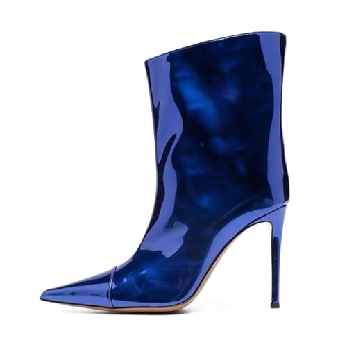 LIUHD Kurze Stiefel für Damen mit Mittelhohem Absatz, Stiletto-Stiefel mit Spitzer Zehenpartie, Stiefeletten mit Breiter Wade, Walking Laufsteg-Schuhe,Dark Blue,38 von LIUHD