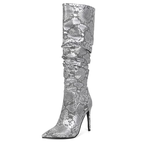 LIUHD Overknee-Stiefel für Damen, Hohe Stiefel mit Spitzer Zehenpartie und Stilettoabsatz Lässige Stiefel Zum Hineinschlüpfen Herbst- und Winterstiefel,Silver,34 von LIUHD