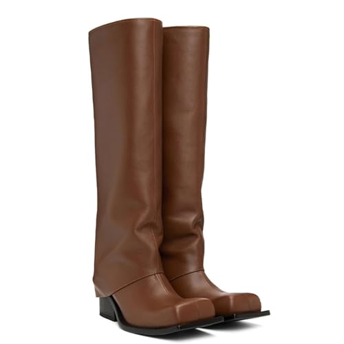 LIUHD Umschlagstiefel für Damen, Kniehohe Stiefel mit Runder Zehenpartie und Stilettoabsatz, Bequeme Gerade Hohe Stiefel, Lässige Stiefel,Brown,36 von LIUHD