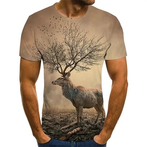 LIULINLIN Abstraktes Tier-Hirsch-fliegendes Vogel-T-Shirt, 3D-Druck, Retro-Rundhalsausschnitt, kurzärmelig, modisches T-Shirt für Herren, Sommer, Streetwear von LIULINLIN