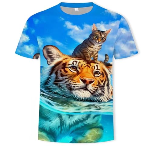 LIULINLIN Niedliches Tier-Tiger-Katze-T-Shirt für Herren, 3D-Druck, für Herren, täglich, lässig, kurzärmelig, Street-Top, locker von LIULINLIN