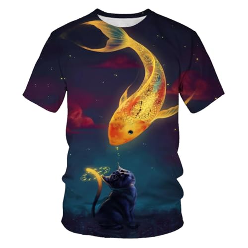 LIULINLIN Sommer-Herren-T-Shirt mit goldenem Karpfen, Tier, Katze, 3D-Druck, lockeres und bequemes Sport-Kurzarm-Straßen-Rundhals-Top von LIULINLIN