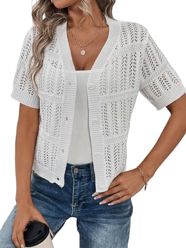 LIUYUYOUGO Leichte Strickjacke Damen Sommer, Kurzer Damen Cardigan Für Den Sommer Elegante Kurzarm Knöpfe Häkel Strick Shrugs Jacke Weiß Hohles Sommer Strickshirt Für Das Tägliche Büro Leicht von LIUYUYOUGO