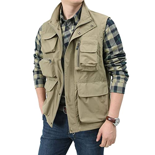 LIUZIXI Herren Outdoor Angelweste - Mehrere Taschen Freizeit Arbeit Ärmellose Jacke Mehrere Taschen Fotografie Weste, Schnelltrocknend Atmungsaktiv Camping Jagd Weste,Khaki,M von LIUZIXI