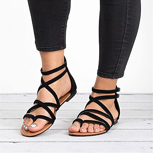 LIUsj JUNST Gladiator-Sandalen Mit Reißverschluss Auf Rückseite Damen Knöchelriemen Sandalen Lady Beach Rom Flip Flop Sommer Komfort Schuhe Leichte Flache Lässige Wanderschuhe,Schwarz,43 von LIUsj JUNST