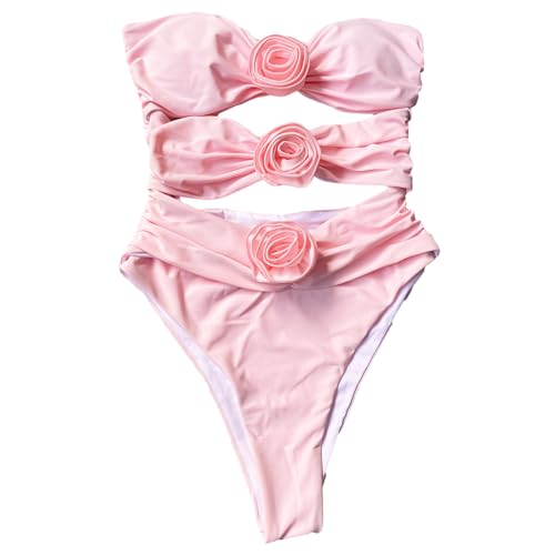 LIbgiubhy Damen Badeanzug 1-teilig Damen Badeanzug Mit 3D Blumenmuster Hohe Taille Bandeau Bademode Für Strandbekleidung von LIbgiubhy