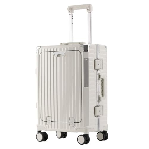 LJSPTU Koffer Multifunktionaler Koffer Mit Frontöffnung, Aluminiumrahmen, Trolley-Koffer, Ladeschnittstelle, Faltbarer Getränkehalter Suitcase (Color : White, Size : 20in) von LJSPTU
