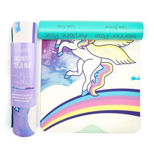 Kinder Yoga-Matte, 150 cm x 55 cm, 6 mm dick, lustige Designs mit 8 Posen, rutschfest, PVC (Regenbogen EINHORN) von LK Trend & Style