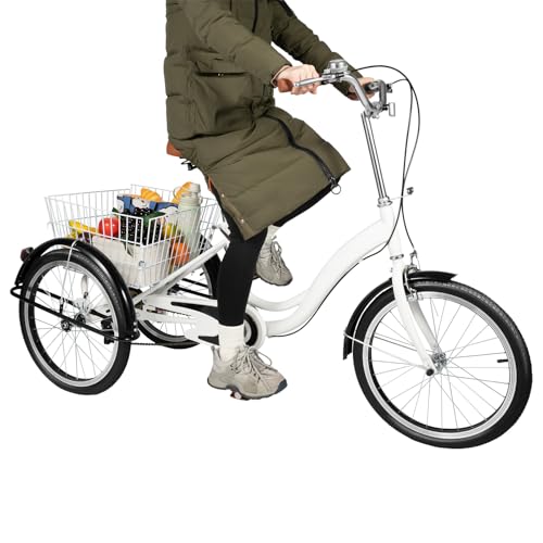 LKHDONG 20 Zoll Dreirad für Erwachsene 3 Rad Fahrrad mit Einkaufskorb, Weiß, Dreirad für Erholung, Einkaufen, Picknicks und Reisen - Ideal für Senioren, Männer und Frauen von LKHDONG