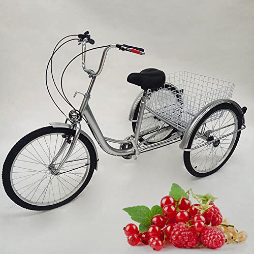 LKHDONG 24 Zoll Dreirad für Erwachsene Mit Korb+Licht,6 Gang 3 Rad Fahrrad Für Erwachsene Fahrrad Cruise Bikes geeignet Für Personen von 1,6-1,8m, aus Kohlenstoffstahl(Silber) von LKHDONG