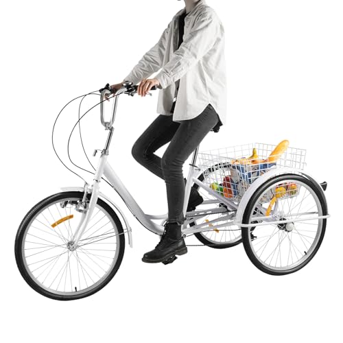 LKHDONG 24 Zoll Dreirad für Erwachsene Mit Korb+Licht,6 Gang 3 Rad Fahrrad Für Erwachsene Fahrrad Cruise Bikes geeignet Für Personen von 1,6-1,8m, aus Kohlenstoffstahl(Weiß) von LKHDONG