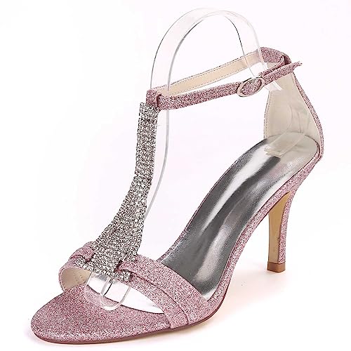 LKJOZCR Frauen-Hochhacken mit offenen Zehen - Pailletten-Schnalle Pump-Sandaletten für Party, Hochzeit mit Strass-Steine, Standard-Dickabsatz-Design von LKJOZCR