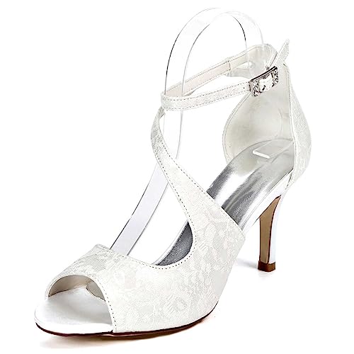 LKJOZCR Frauen-Spitzen-Satin-Stiletto-Hochhacken-Sandaletten mit offenen Zehen - Dress-Pumps mit Schnalle für Sommer, Hochzeit, Party und Arbeit von LKJOZCR