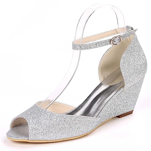 LKJOZCR Frauen-Wedges mit Peek-Toe und Hochhacken - Hochzeits-Pumps mit Glitzer für Abendkleid und Party von LKJOZCR