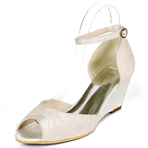 LKJOZCR Hochzeitsschuhe für Damen - Wedges mit Peek-Toe und hohen Absätzen, Satinsandalen, Braut-Pumps für Abendkleid und Party von LKJOZCR